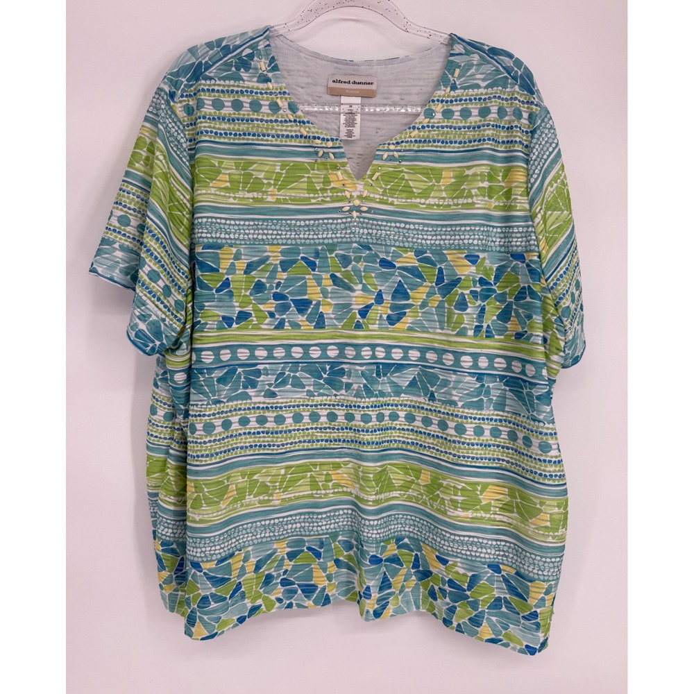 Alfred Dunner Woman Sz 3X Green Blue Abstract Geometric Beaded V-Neck Short Slv